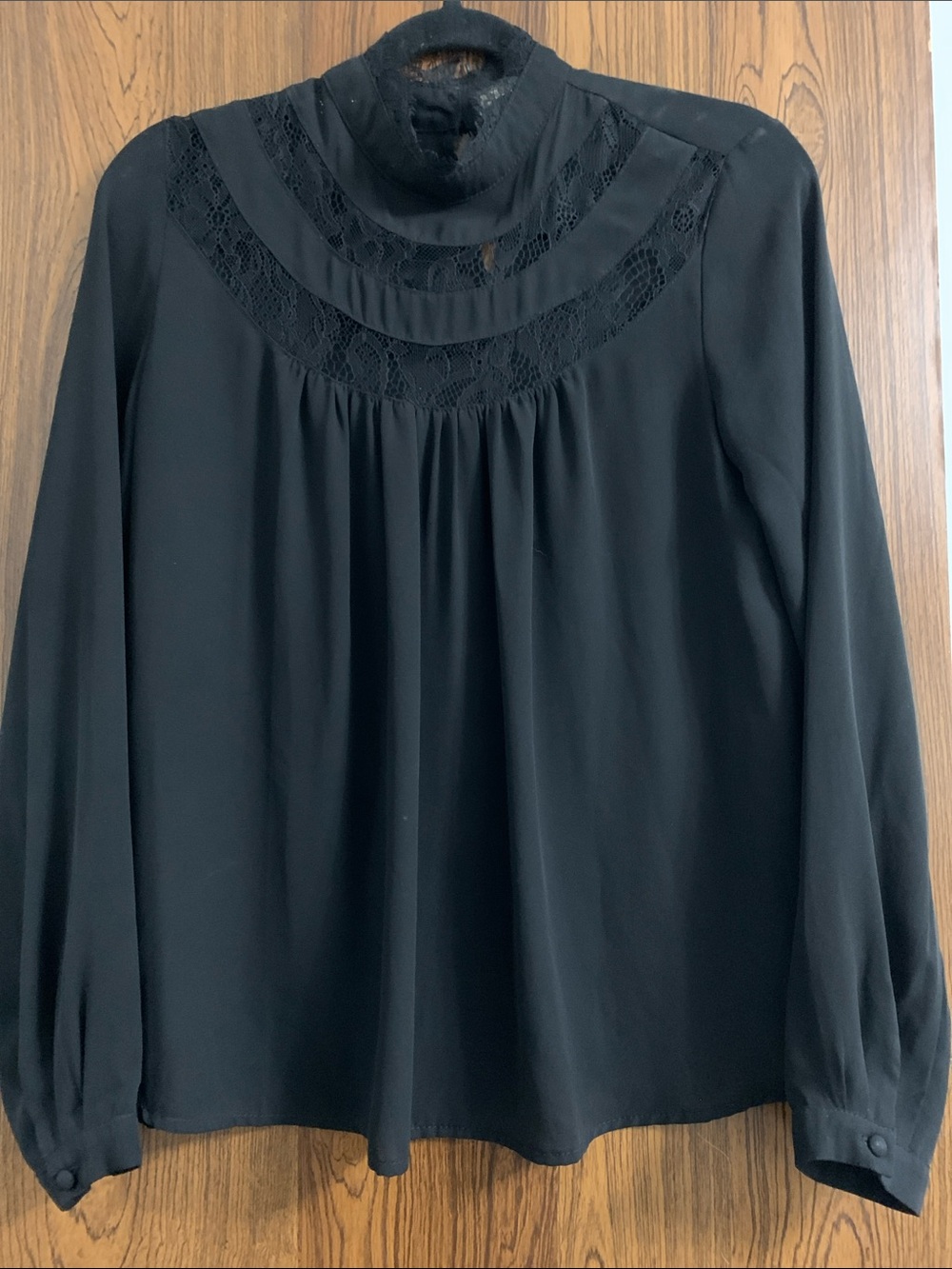 Mustard Seed Black Long Sleeve Blouse with Lace Yoke